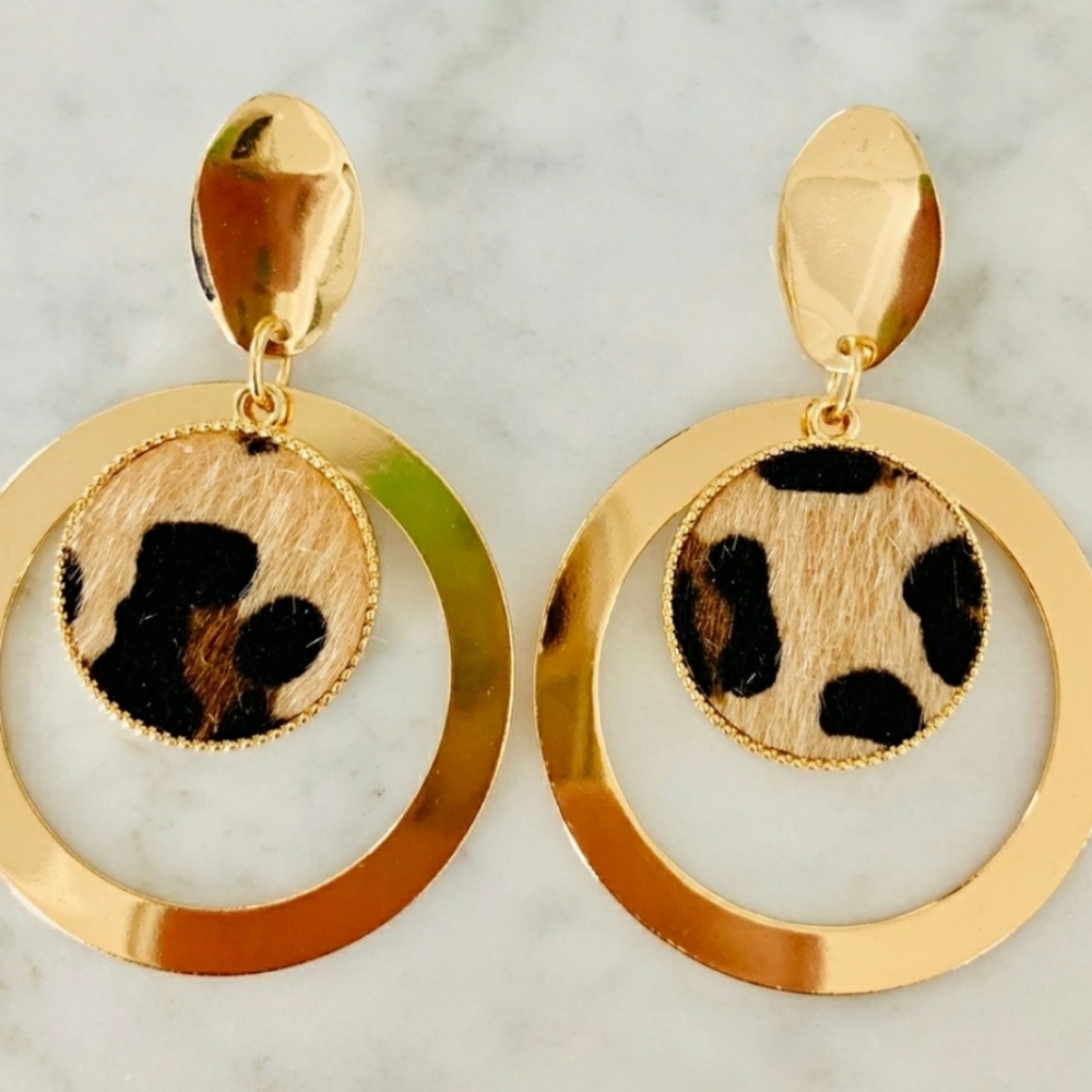 Gold Hoop Leopard fur Accent Earrings
